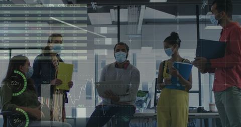 Diverse Team Discussing Business Data with Masks in Modern Office