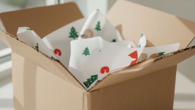 Sunlit christmas tissue filling open corrugated cardboard gift box for holiday packaging