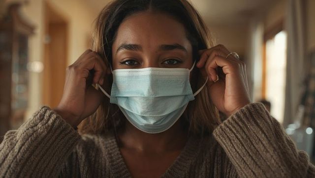 Woman adjusting surgical mask while wearing chunky knit sweater in sunlit hallway
