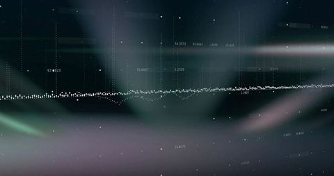 Pulsing dotted waveform across futuristic analytics dashboard neon teal purple gradient