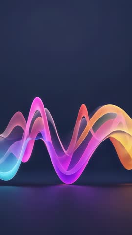 Vertical waveform animation pulsing neon ribbons and shifting translucent waves on navy floor