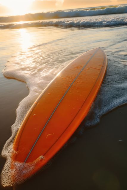Bright orange surfboard resting on sandy beach with gentle waves washing over it during sunset. Golden sunlight hitting the water creates a serene and tranquil atmosphere. Perfect for promoting beach vacations, surfing lifestyle, outdoor activities, summer sports, or coastal living.