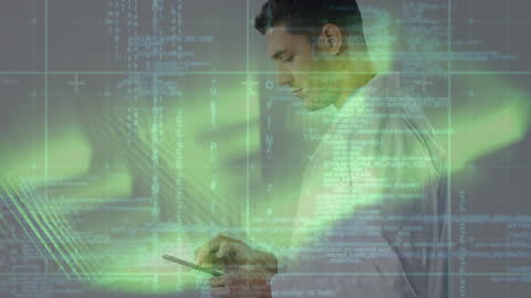 Doctor Analyzing Digital Data on Tablet in Futuristic Setting