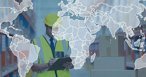 Reviewing Warehouse Inventory in High-Visibility Vest with Global Logistics Map Overlay