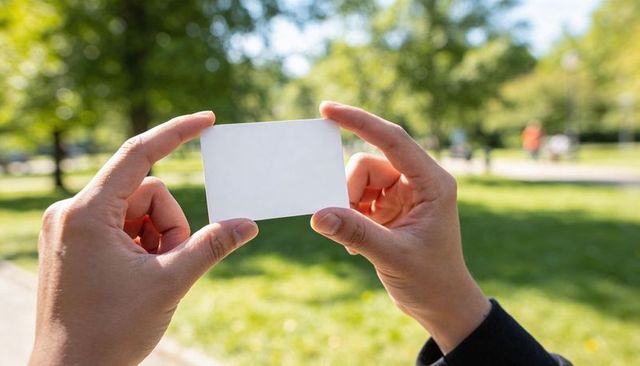 Holding blank business card in sunlit park for mockup and branding