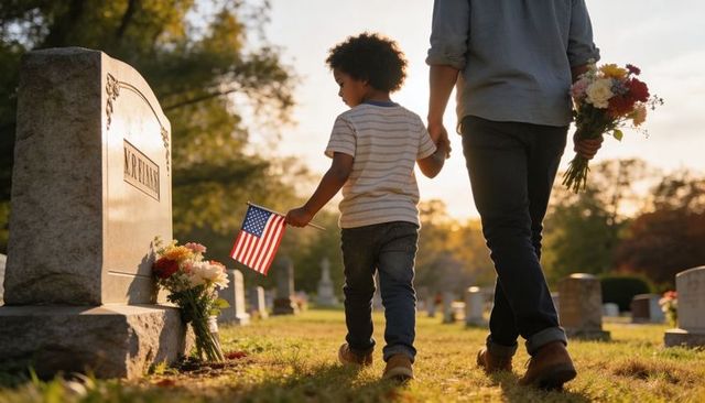 Parent and child honoring veteran at gravesite holding american flag at sunset