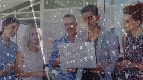 Business Professionals Collaborating Amidst Data Stream Overlay