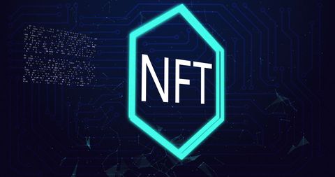 Nft keyword illuminated in neon hexagon with digital circuit board