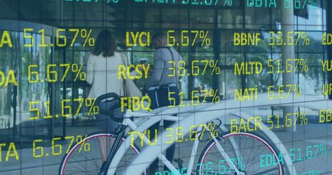 scene shows a digital financial data overlay with employees interacting in a sleek office environment, suggesting a fusion of technology and everyday business life. ideal for content related to finance, urban business culture, innovation, or modern work environments. bicycle present emphasizes themes of eco-friendly commuting and lifestyle balance.