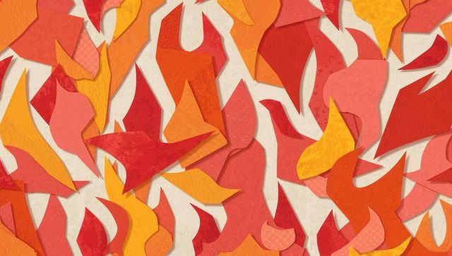 Abstract flames paper collage in vibrant red, orange, yellow