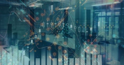 Digital Data Overlay with Candlestick Charts in Innovative Office Space