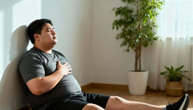 Asian man practicing deep breathing while resting after workout in sunlit home corner