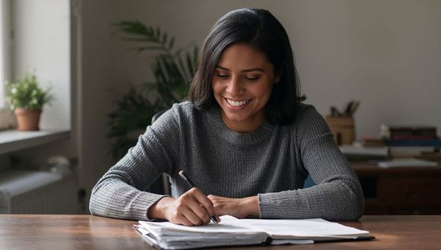 Smiling woman writing in notebook at home office desk with daylight and remote work focus