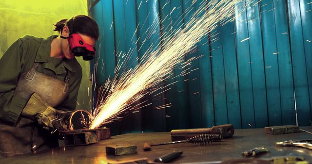 Female Welder Grinding Metal with Safety Goggles in Industrial Workshop - Download Free Stock Images Pikwizard.com