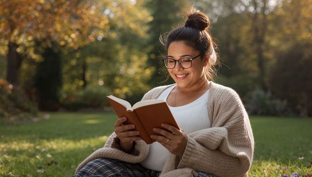Young woman reading paperback on lawn wearing beige cardigan and glasses at golden hour