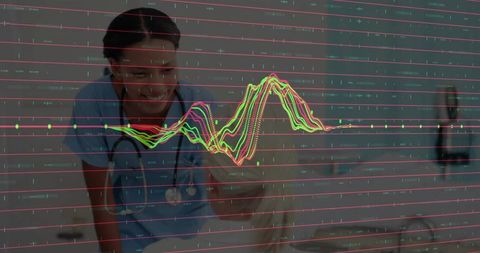 Nurse explaining graphs with stethoscope at medical clinic