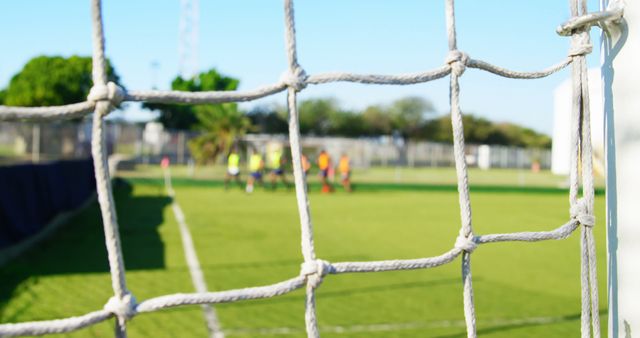 Soccer Team Practicing on Grass Field through Goal Net - Download Free Stock Images Pikwizard.com