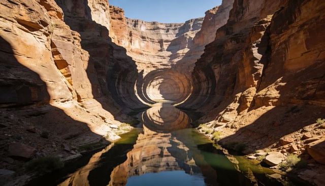 Sunlit circular sandstone amphitheater reflecting in serene desert river canyon