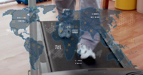 Running on treadmill with global data overlay for connected fitness and health tech