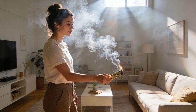Woman holding lit sage smudge bundle observing smoke in sunlit minimalist living room
