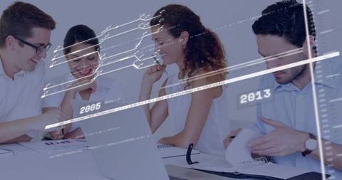 Business team collaborating and reviewing analytics with timeline overlays and laptop