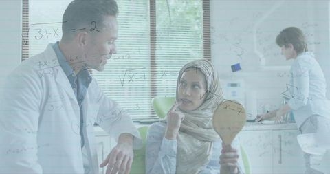 Doctor Talking with Woman About Reflection and Calculation Overlay