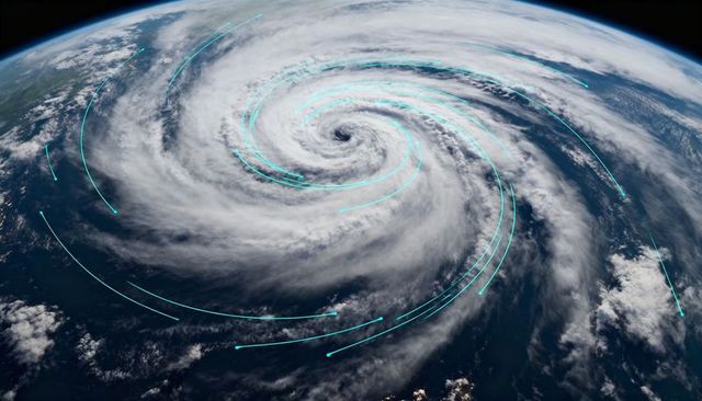 Orbital view of swirling hurricane with clear eye and turquoise wind vector visualization