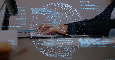 Female typing on laptop with digital globe and floating code depicting global tech network