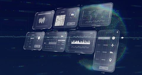 Futuristic holographic dashboard with data visualization floating panels