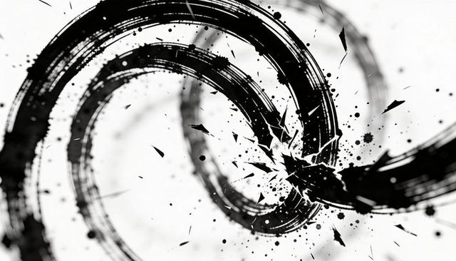 Swirling shattering ink spiral emitting sharp fragments monochrome brush stroke abstract