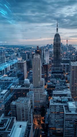 Vertical tech wave sweeping dusk Manhattan skyline scanning Empire State Building