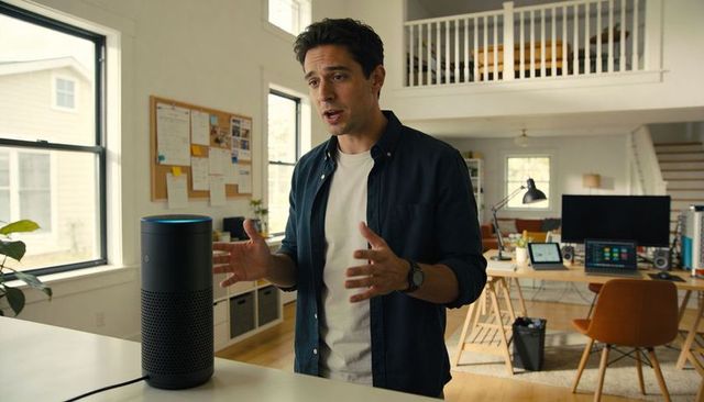 Man demonstrating voice assistant in modern home office loft workspace