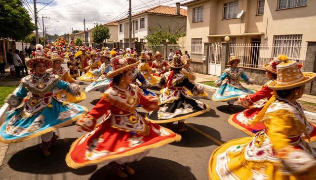 Colorful folk dancers spinning in embroidered skirts and decorated hats on street parade