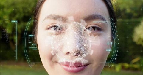 Asian woman undergoing facial ar mesh scanning with holographic biometric hud overlay