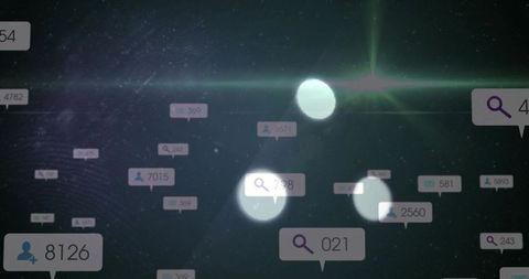 Futuristic holographic data tags floating over starfield with search icons and lens flares