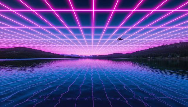 Synthwave neon grid over lake reflecting magenta glow with drone at twilight