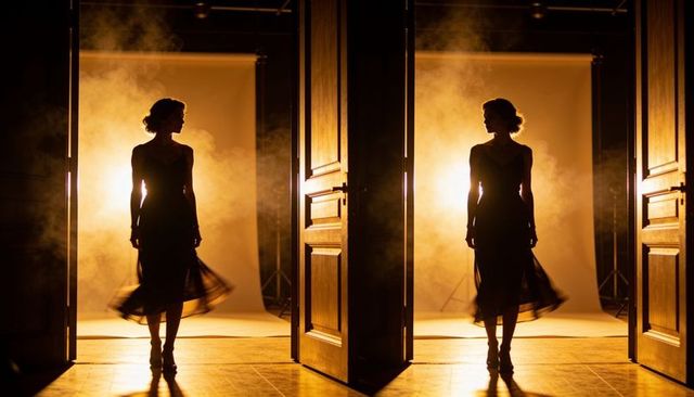 Dramatic dual silhouettes standing in backlit studio doorway with smoky rimlight symmetry