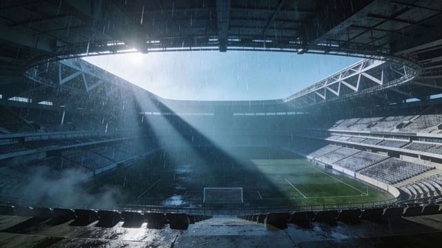 Sunlit rain over empty modern stadium pitch with dramatic skylight, mist and goal