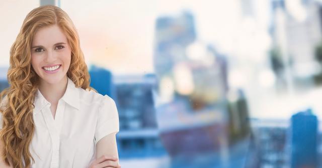 This image showcases a young blonde woman in a professional setting, confidently smiling with an urban backdrop. Ideal for illustrating business concepts, promoting a professional environment, personal success stories, office culture, or advertisements targeting young professionals.