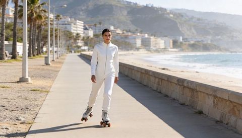 Woman roller skating on coastal promenade in white tracksuit, seaside fitness lifestyle