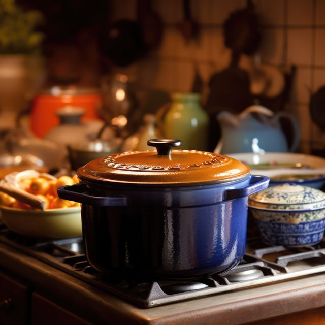 A Dutch oven sits on a stove in a cozy home kitchen. Warm lighting accentuates the homely ambiance and the anticipation of a hearty meal.