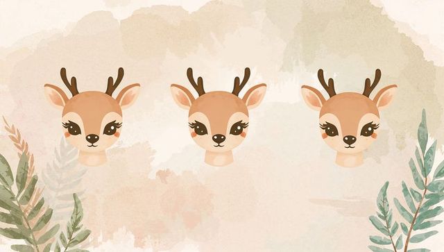 Smiling Watercolor Deer Trio Nursery Wall Art with Pastel Leaves and Antlers, Botanical Accent