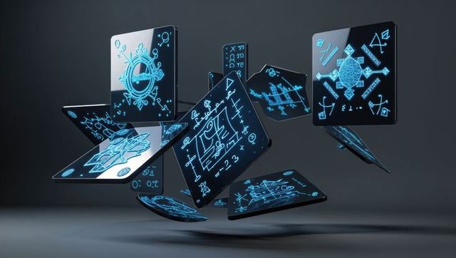 Futuristic digital schematics on floating transparent screens