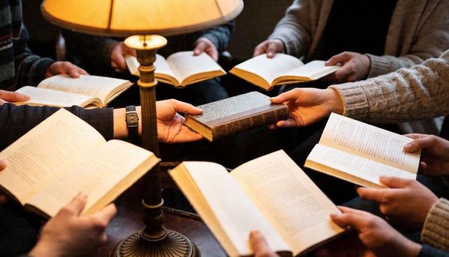 Reading circle passing vintage hardback under warm lamp, knitwear hands sharing literature