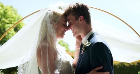 Happy Bride and Groom during Wedding Ceremony Outdoors