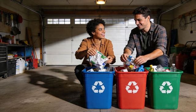Young couple sorting recyclables into color-coded bins in home garage