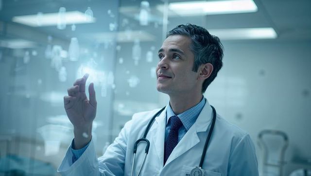 Doctor using holographic touchscreen for digital healthcare and ai diagnostics in clinic