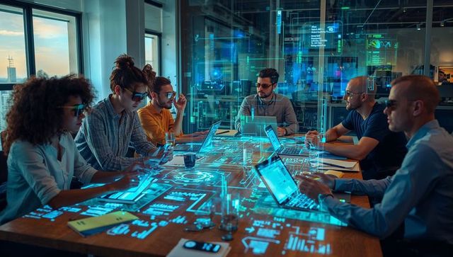 Diverse tech team collaborating with holographic ar table projection and laptops at sunset