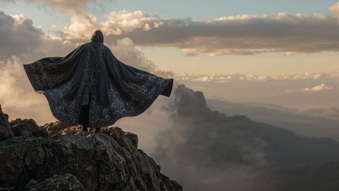 Hooded assassin figure with cloak at misty mountain peak