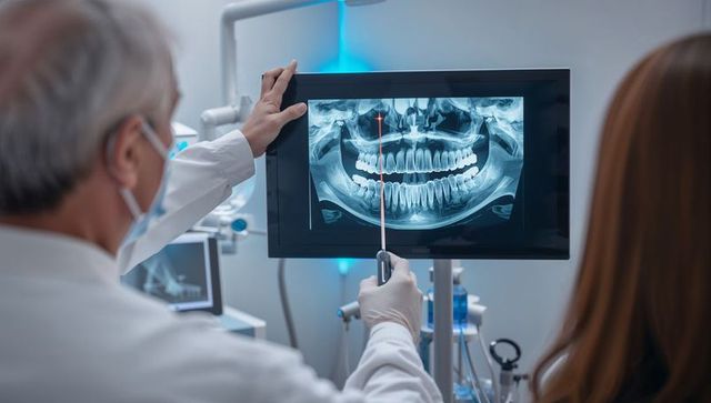 Dentist pointing at panoramic dental x-ray on monitor while consulting patient in modern clinic